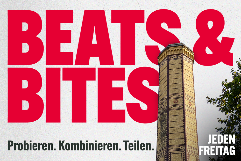 Schriftzug Beats and Bites hinter einem hohen Turm