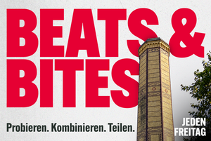 Schriftzug Beats and Bites hinter einem hohen Turm