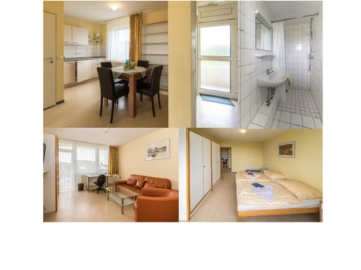 4 Fotos von möbliertem Wohnzimmer, Schlafzimmer sowie Küche und Bad