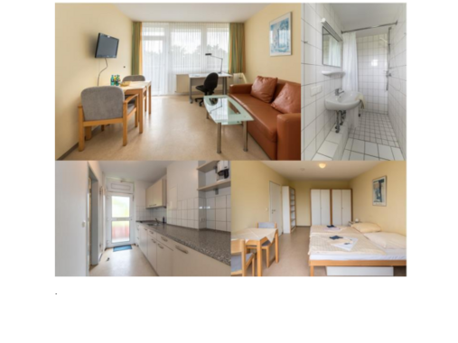 4 Fotos von möbliertem Wohnzimmer, Schlafzimmer, einer Küche und einem Bad