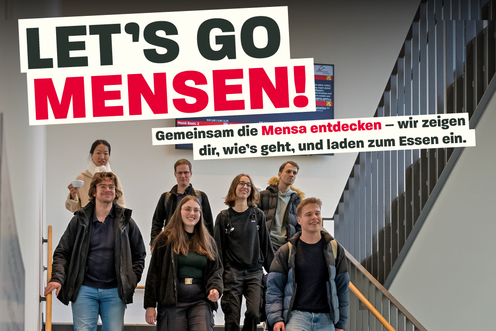 Gruppe Studis geht nach dem Essen aus der Mensa